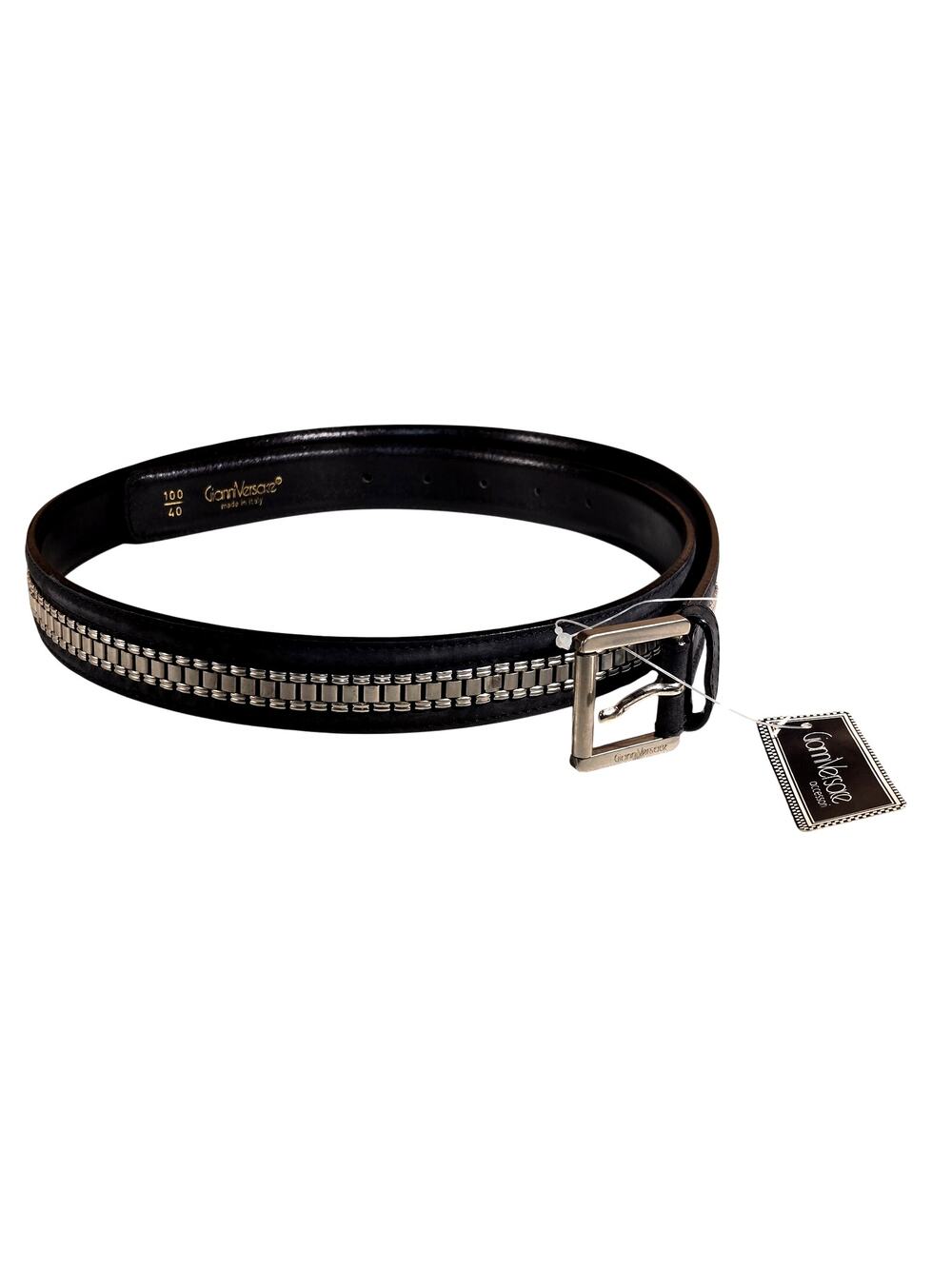 Vintage Gianni Versace Black Leather Belt Silver Chain Size 100 40 NWT